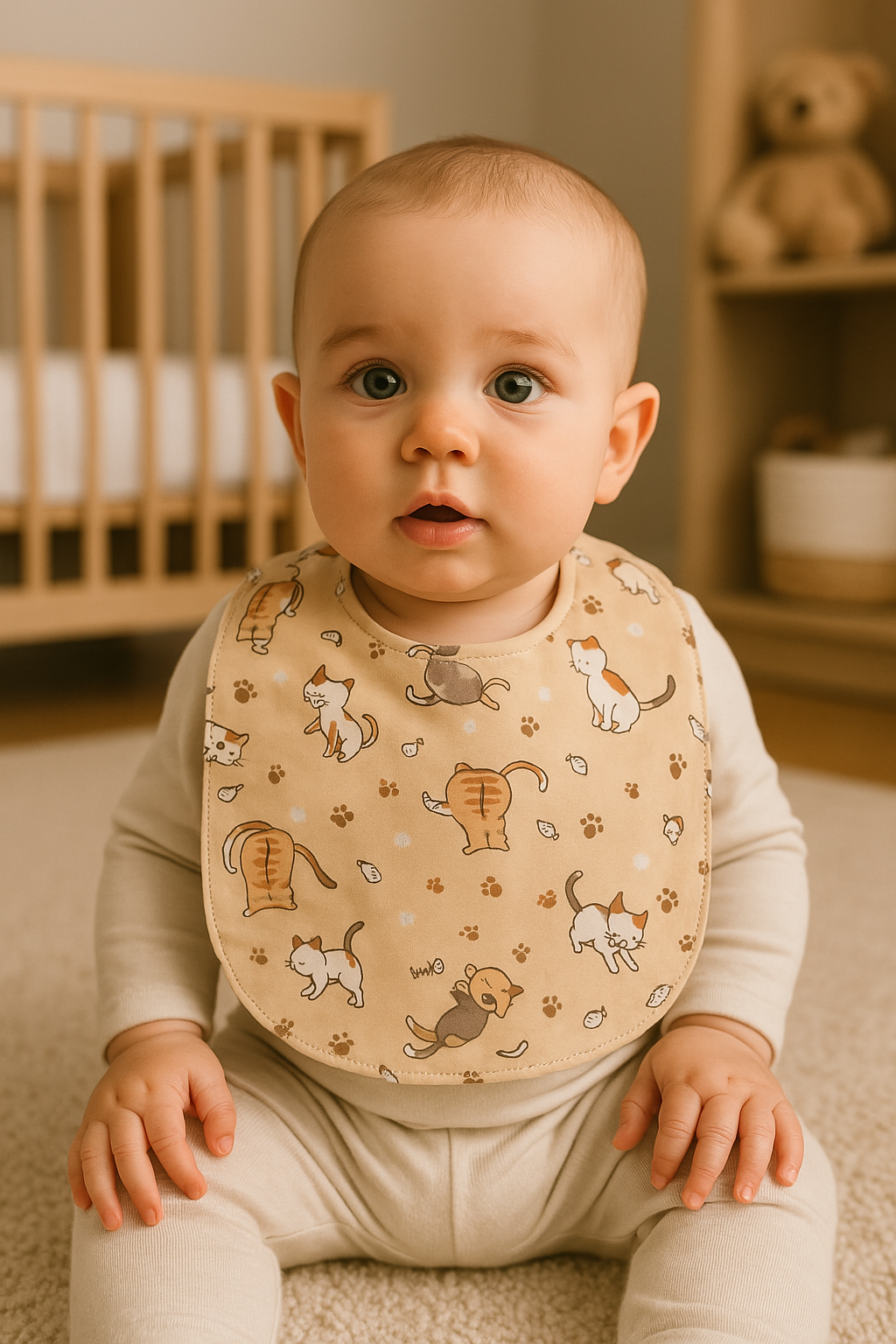 Playful Cat Print with Fish and Paw Design Baby Bib
