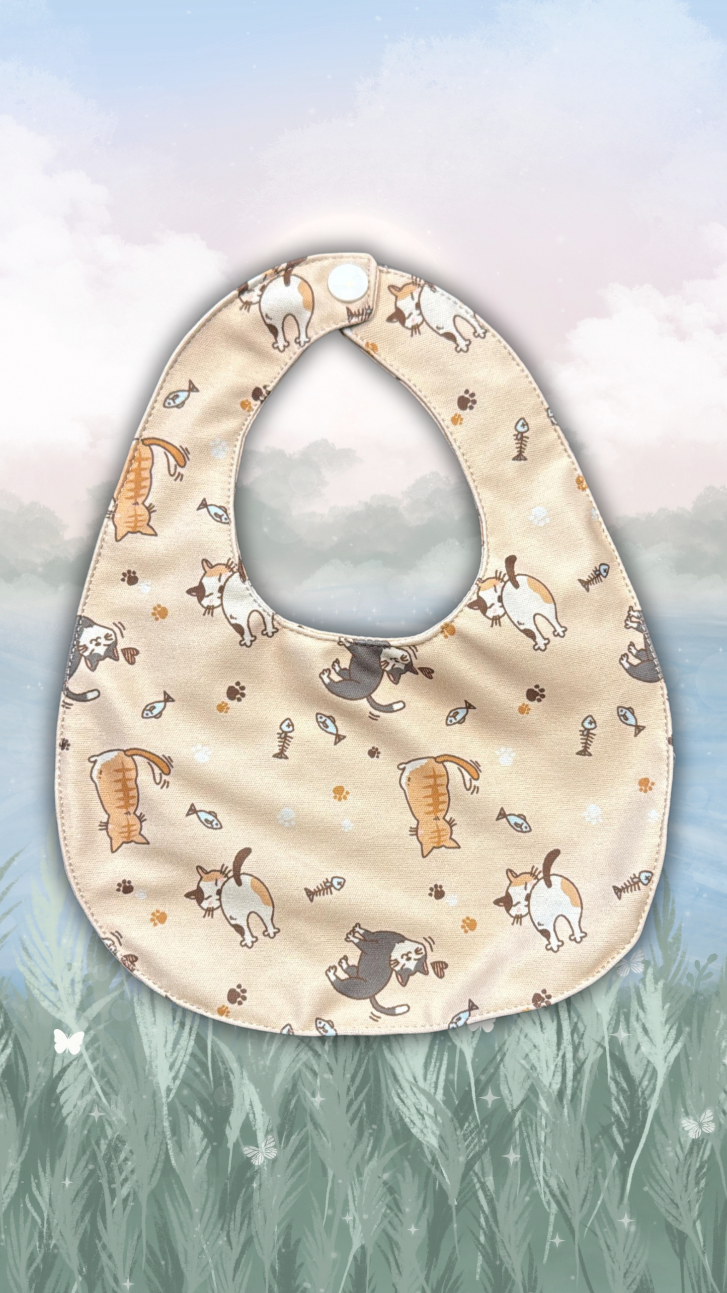 Playful Cat Print with Fish and Paw Design Baby Bib