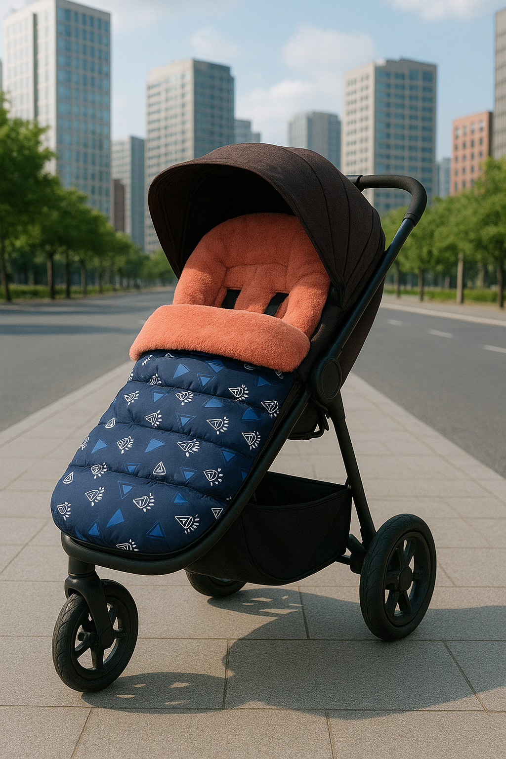 Coral Plush with blue geometric print Footmuff Stroller Liner